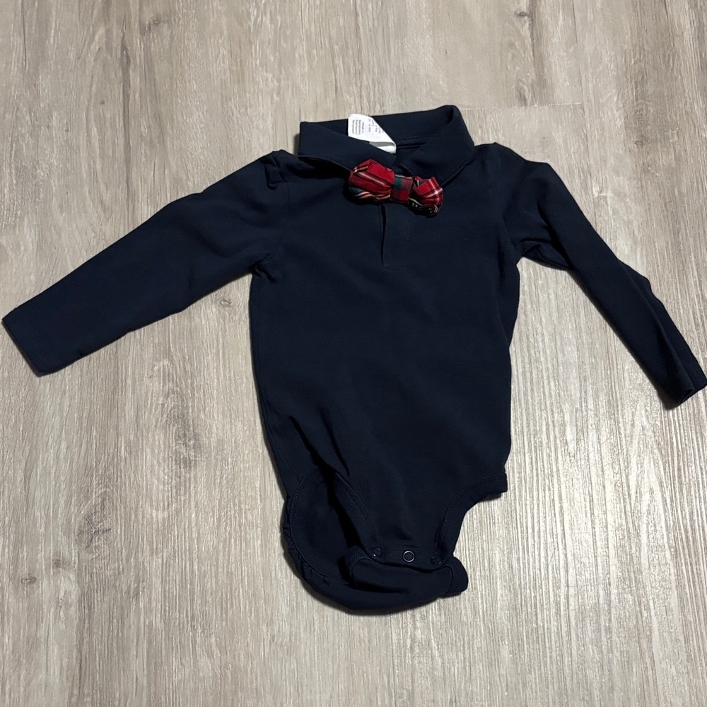 Navy Long Sleeve Onesie with Red Bow Tie